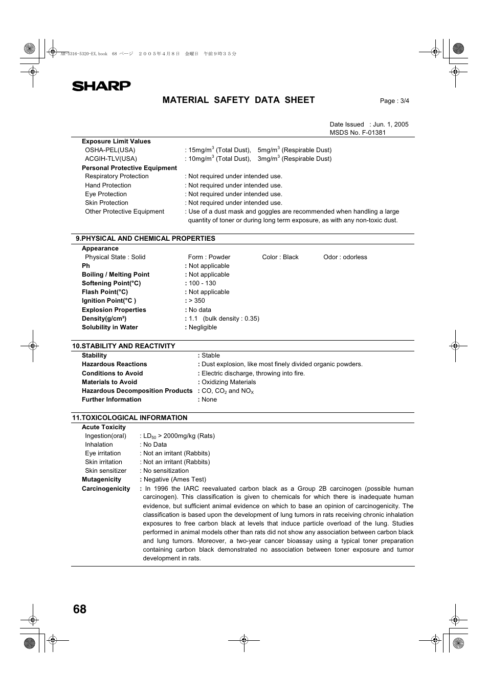 Material safety data sheet | Sharp AR-5316 User Manual | Page 70 / 80