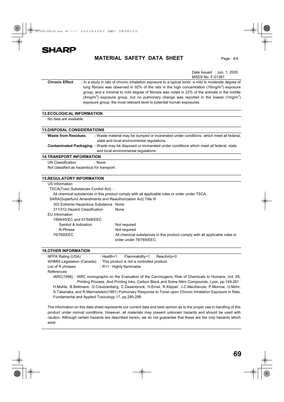Material safety data sheet | Sharp AR-5316 User Manual | Page 71 / 80