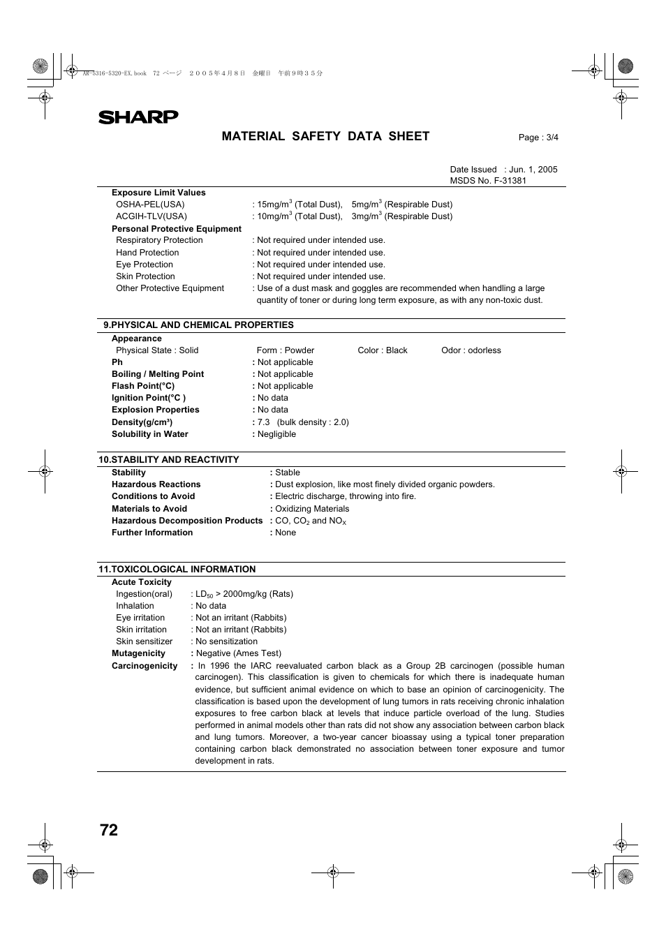 Material safety data sheet | Sharp AR-5316 User Manual | Page 74 / 80