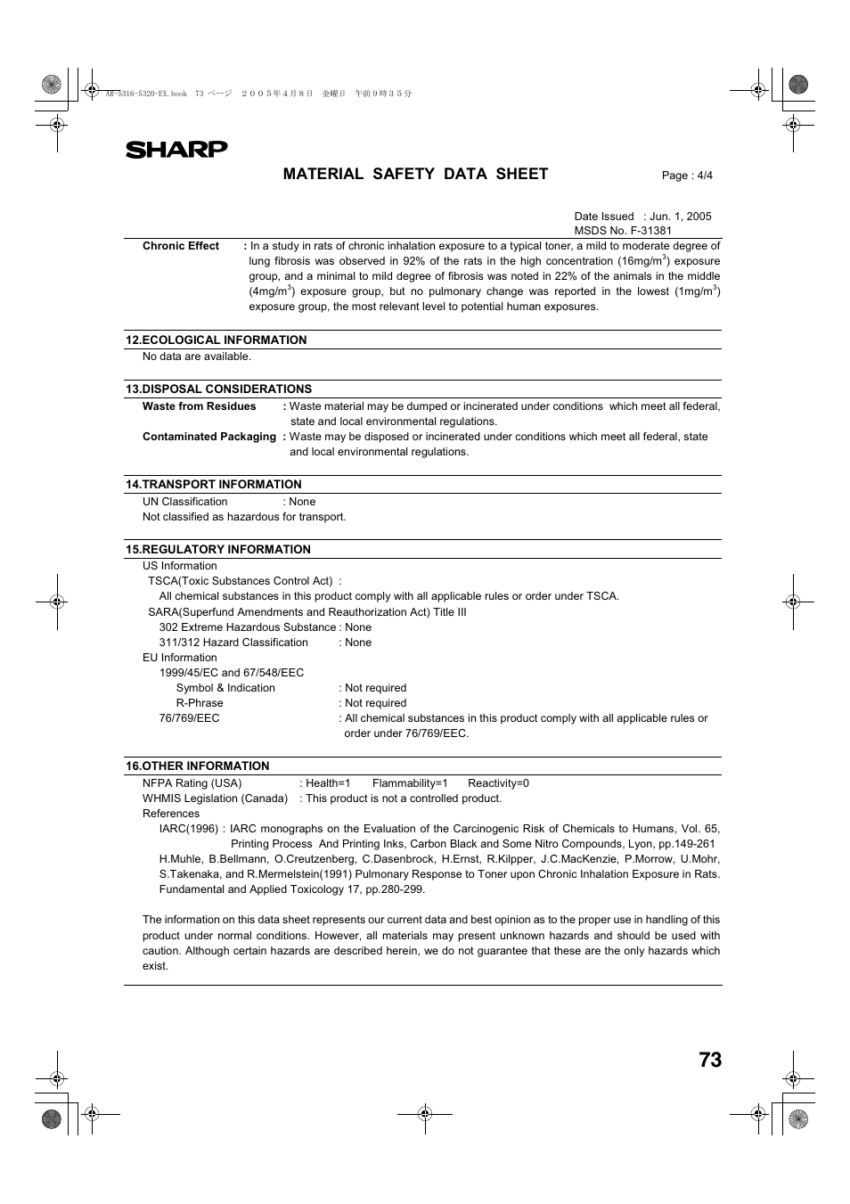 Material safety data sheet | Sharp AR-5316 User Manual | Page 75 / 80