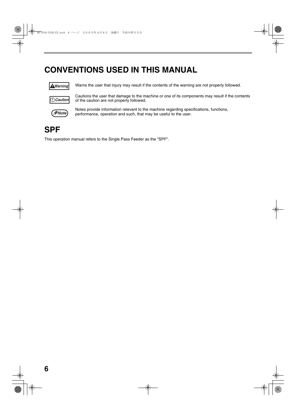 Conventions used in this manual spf | Sharp AR-5316 User Manual | Page 8 / 80