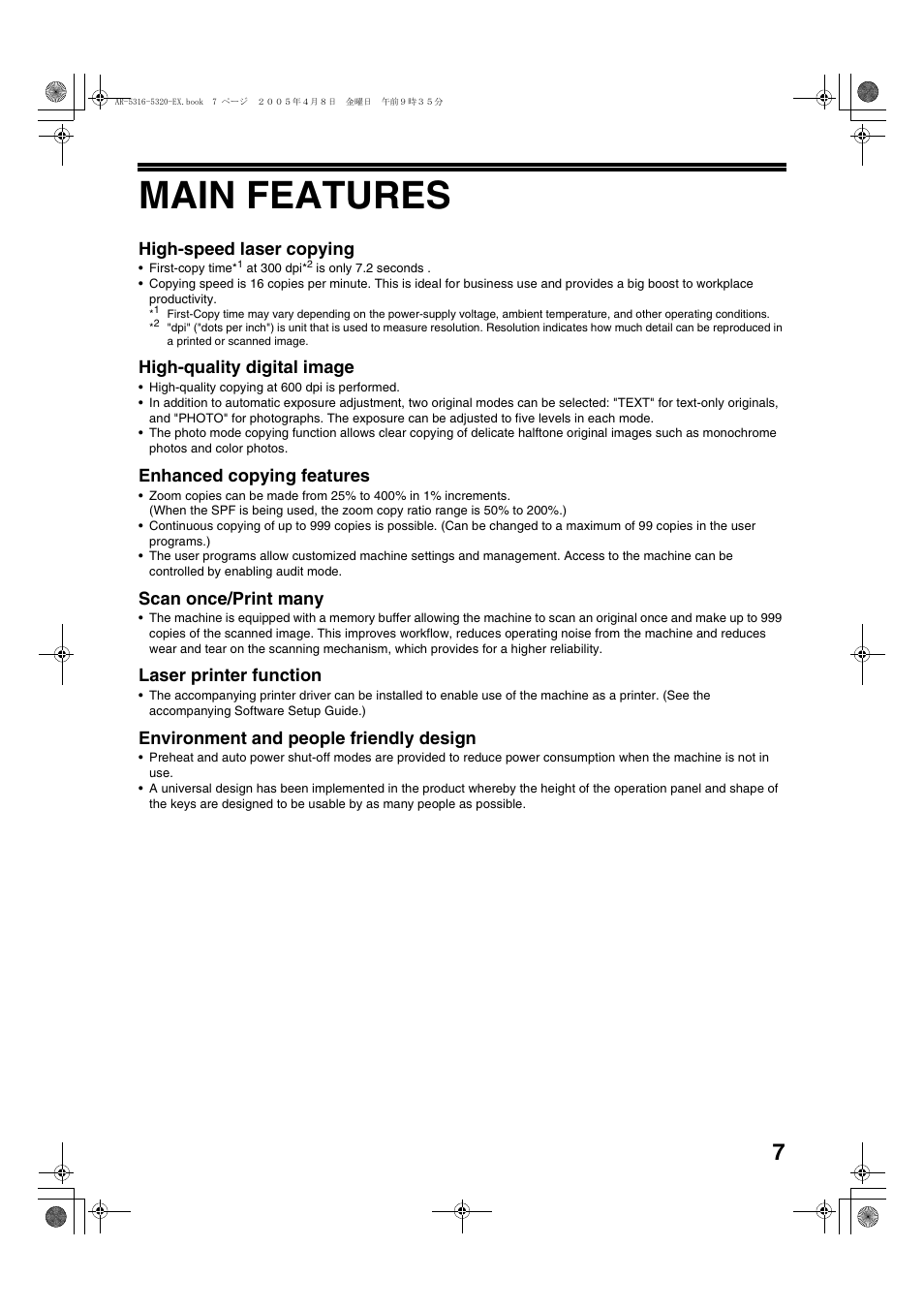 Main features, High-speed laser copying, High-quality digital image | Enhanced copying features, Scan once/print many, Laser printer function, Environment and people friendly design | Sharp AR-5316 User Manual | Page 9 / 80