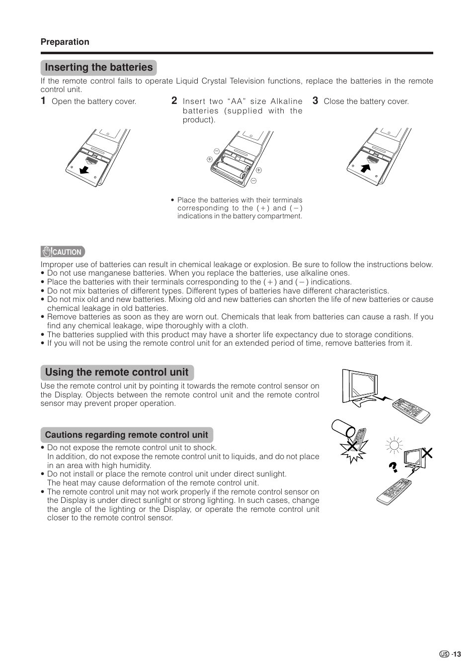 Inserting the batteries, Using the remote control unit | Sharp Aquos LC 37HV4U User Manual | Page 14 / 87