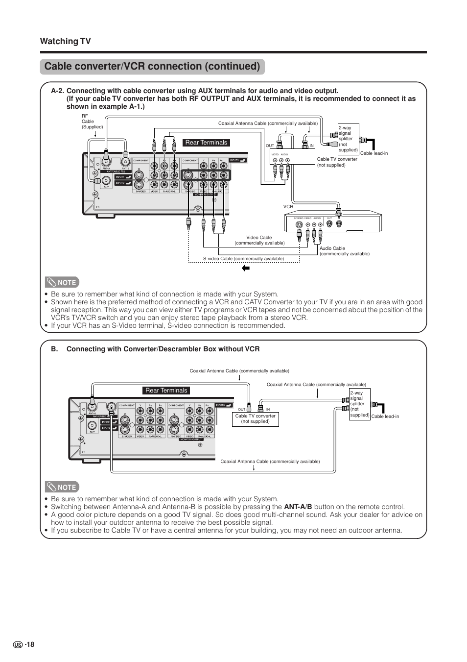 Cable converter/vcr connection (continued), Watching tv | Sharp Aquos LC 37HV4U User Manual | Page 19 / 87