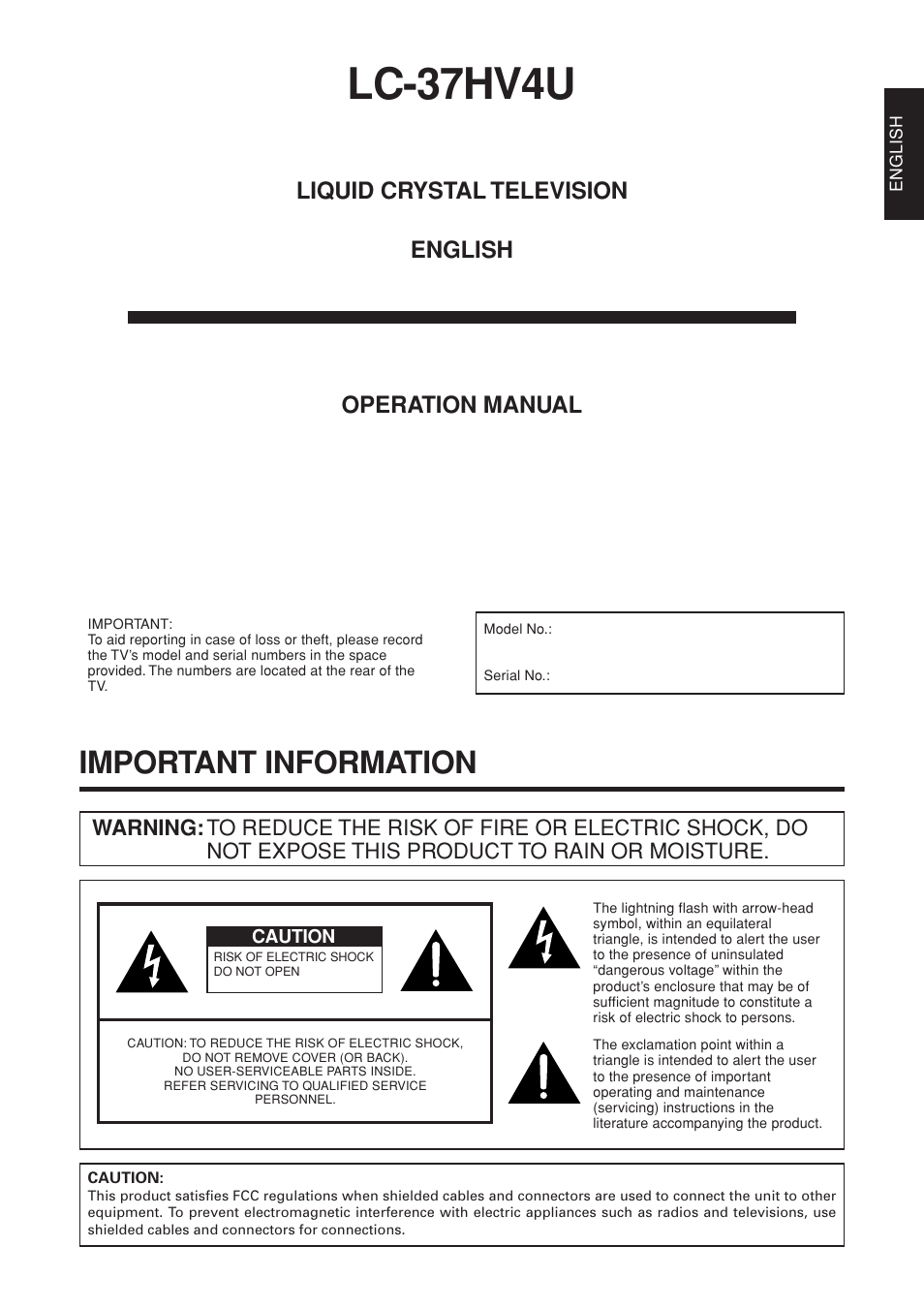 Lc-37hv4u, Important information, Liquid crystal television english operation manual | Sharp Aquos LC 37HV4U User Manual | Page 2 / 87