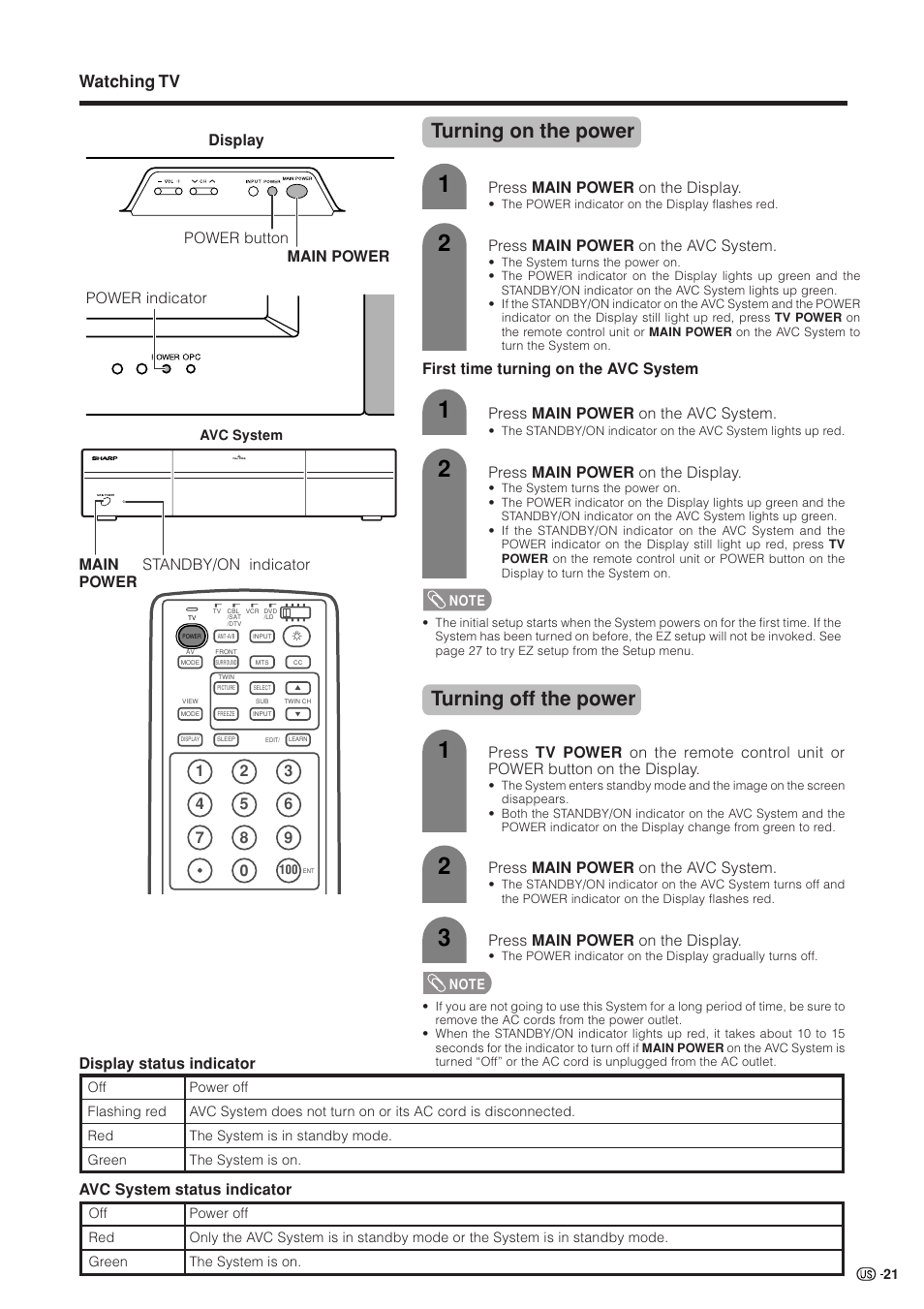 Turning on the power, Turning off the power, Watching tv | Sharp Aquos LC 37HV4U User Manual | Page 22 / 87