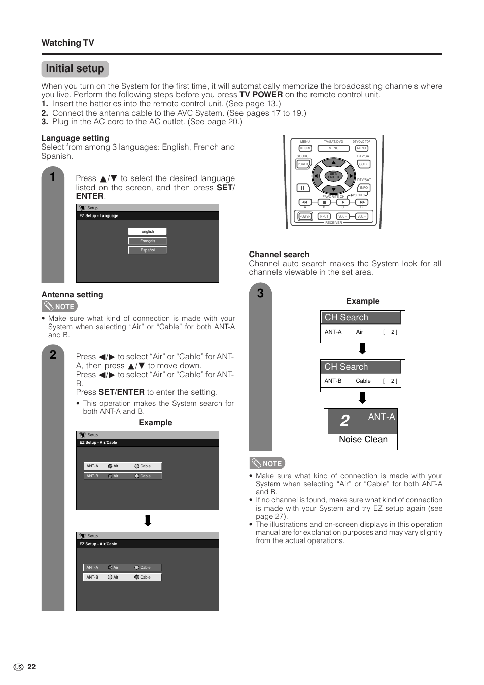 Initial setup, Watching tv, Ch search | Ant-a noise clean, Example | Sharp Aquos LC 37HV4U User Manual | Page 23 / 87