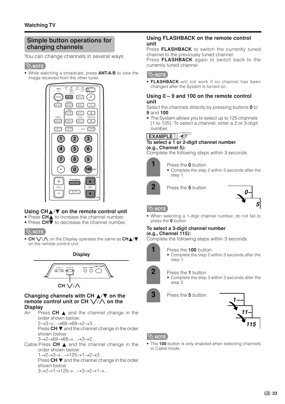 Simple button operations for changing channels, Watching tv, You can change channels in several ways | Using ch a / b on the remote control unit, Using flashback on the remote control unit | Sharp Aquos LC 37HV4U User Manual | Page 24 / 87