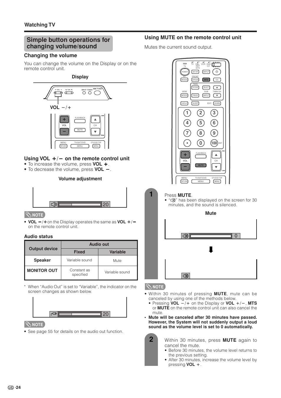 Simple button operations for changing volume/sound, Watching tv, Changing the volume | Using mute on the remote control unit, Volume adjustment mute, Audio status, Mutes the current sound output. press mute, Display vol l/k | Sharp Aquos LC 37HV4U User Manual | Page 25 / 87