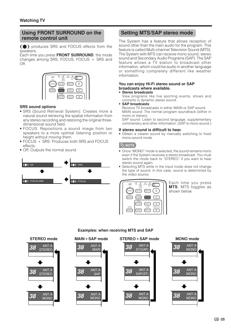 Setting mts/sap stereo mode, Using front surround on the remote control unit, Watching tv | If stereo sound is difficult to hear, Examples: when receiving mts and sap, Stereo mode main k sap mode | Sharp Aquos LC 37HV4U User Manual | Page 26 / 87