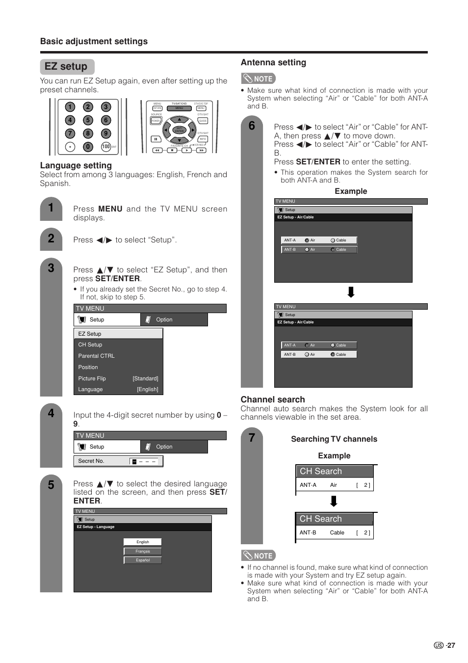 Ez setup, Basic adjustment settings, Language setting | Antenna setting, Channel search, Ch search, Input the 4-digit secret number by using 0 – 9, Example | Sharp Aquos LC 37HV4U User Manual | Page 28 / 87