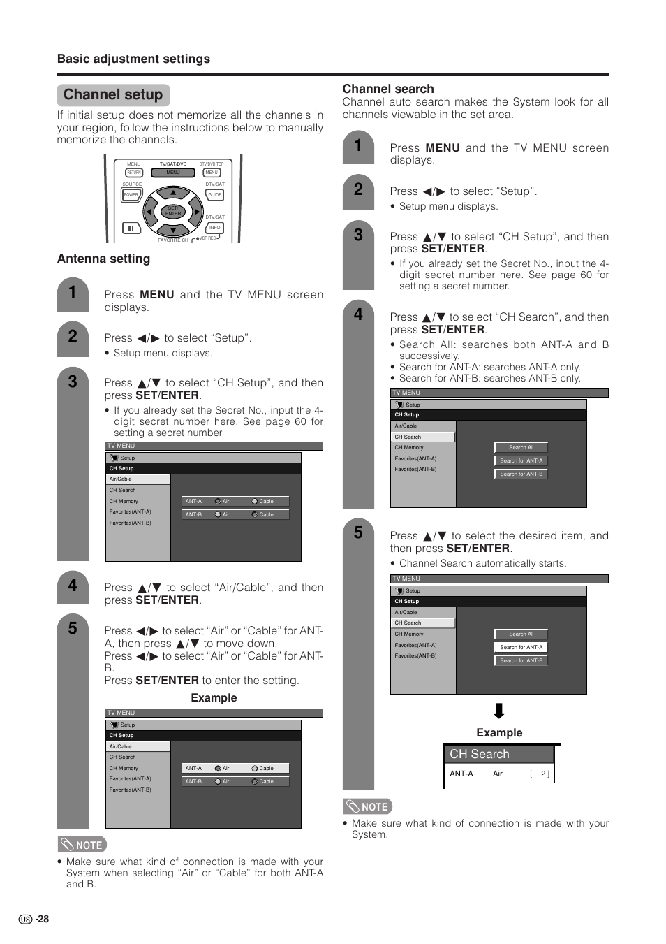 Channel setup, Basic adjustment settings, Channel search | Ch search, Antenna setting, Example | Sharp Aquos LC 37HV4U User Manual | Page 29 / 87