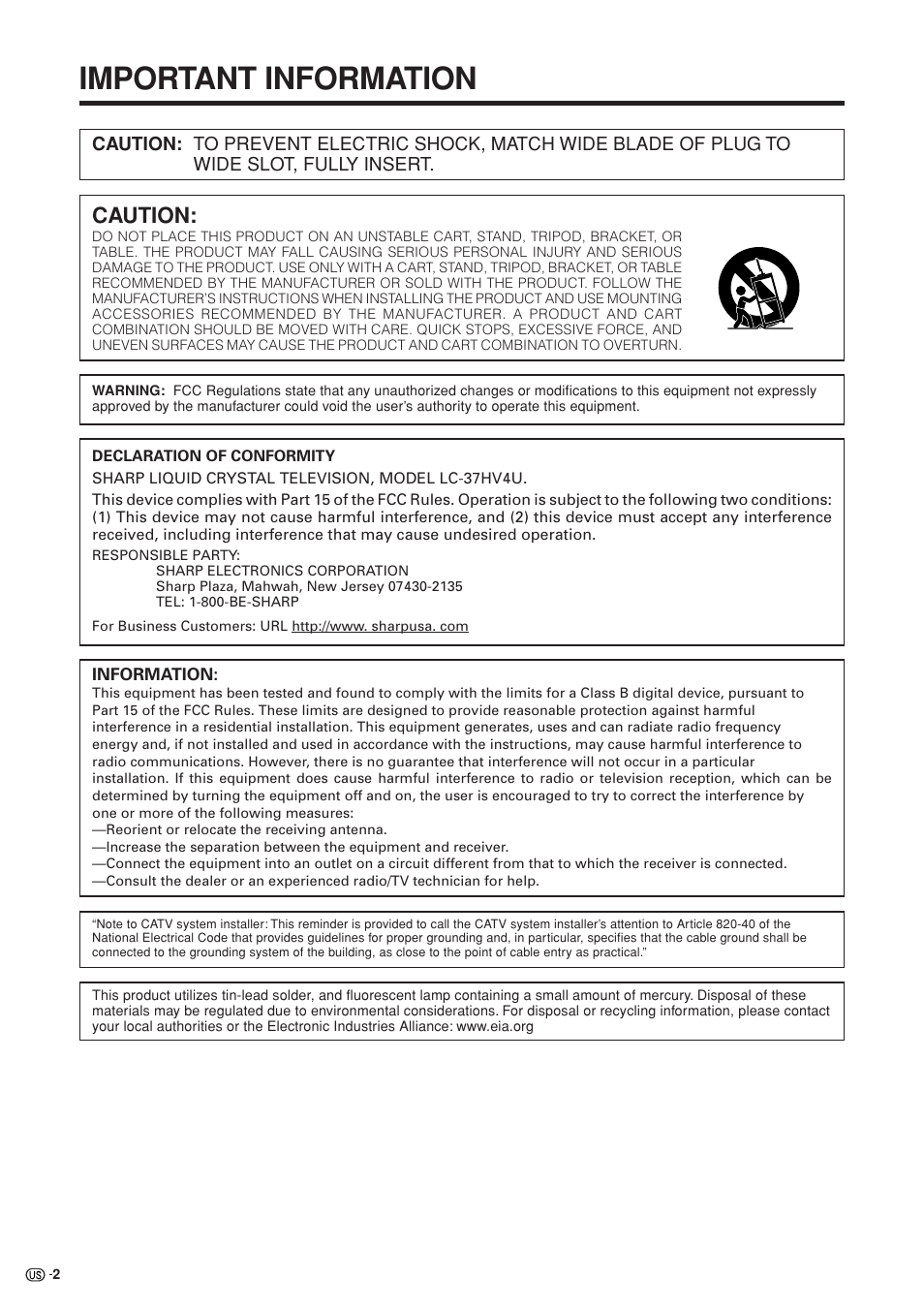 Important information, Caution | Sharp Aquos LC 37HV4U User Manual | Page 3 / 87