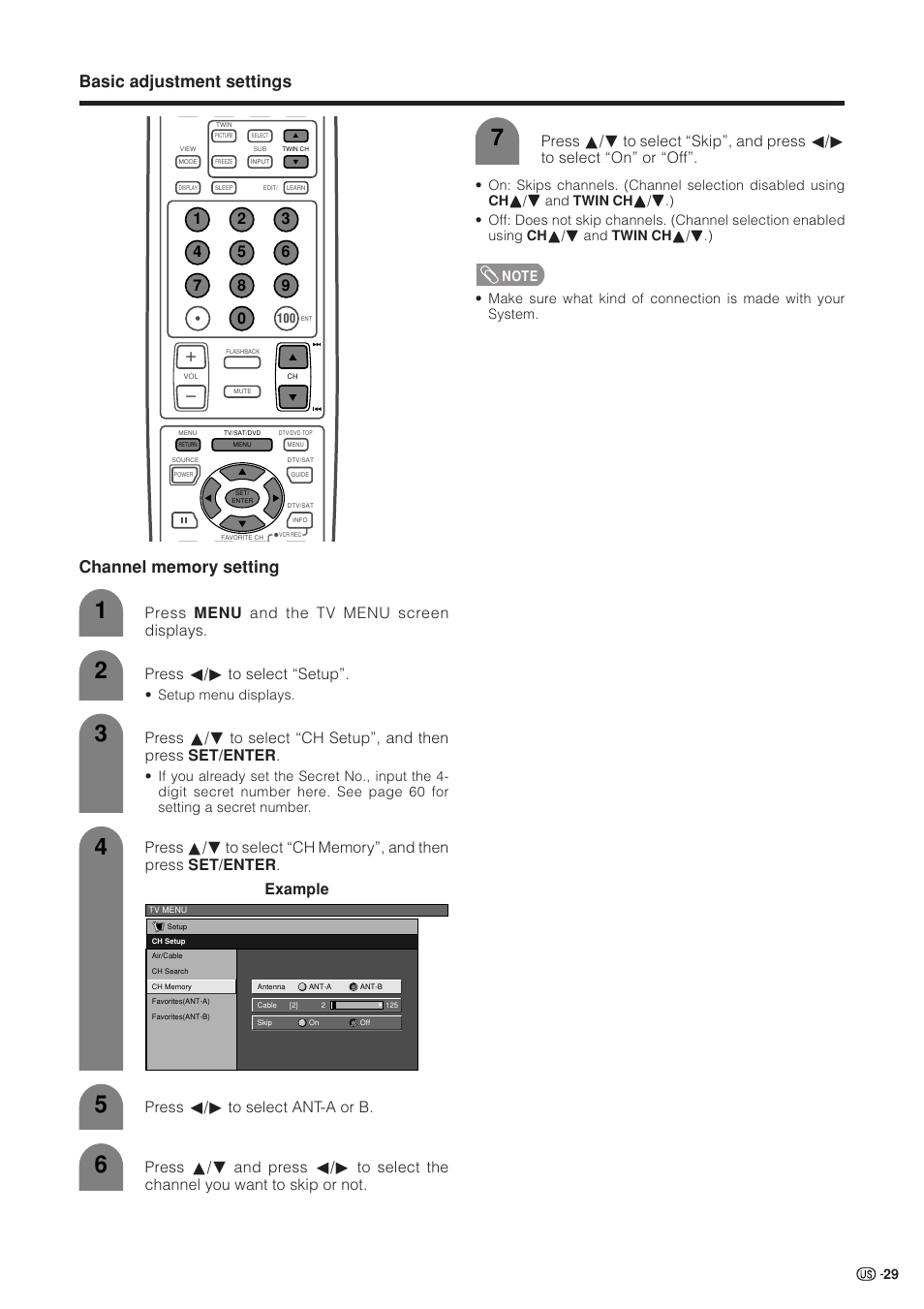 Basic adjustment settings, Press c/d to select ant-a or b | Sharp Aquos LC 37HV4U User Manual | Page 30 / 87