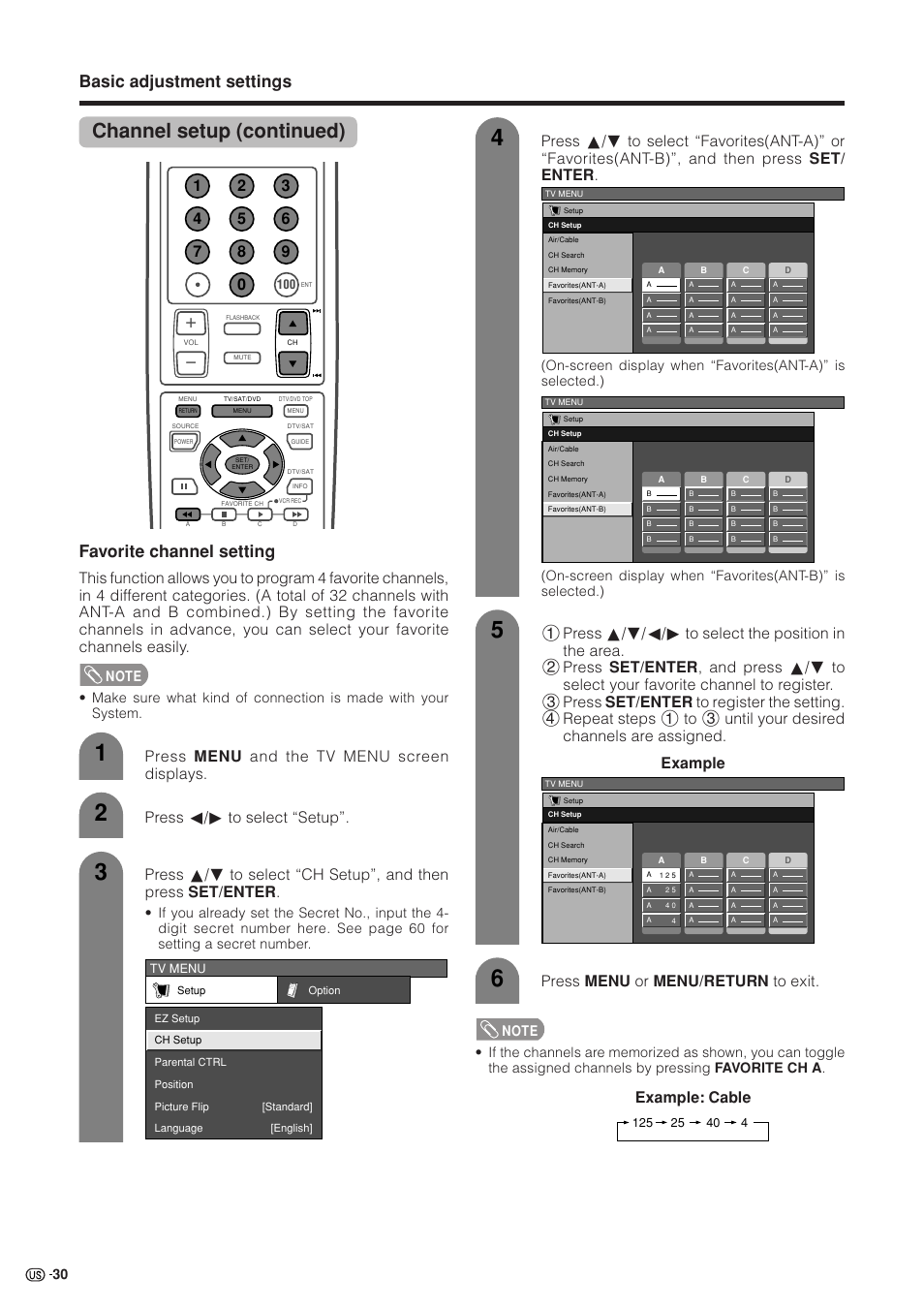 Channel setup (continued), Favorite channel setting, Basic adjustment settings | Example: cable, Press menu or menu/return to exit | Sharp Aquos LC 37HV4U User Manual | Page 31 / 87