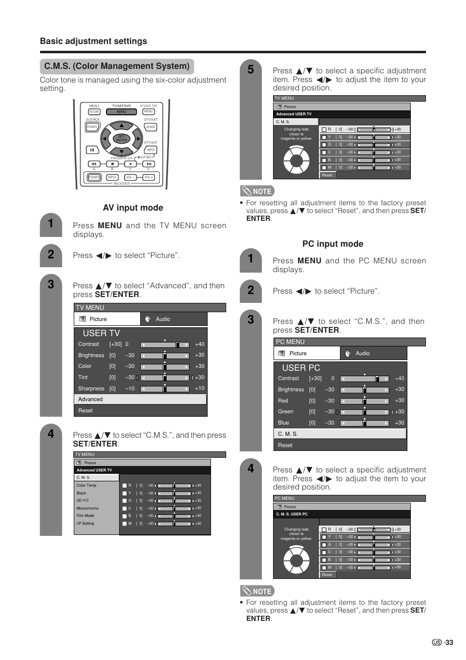 User tv, Av input mode pc input mode, User pc | Press c/d to select “picture | Sharp Aquos LC 37HV4U User Manual | Page 34 / 87