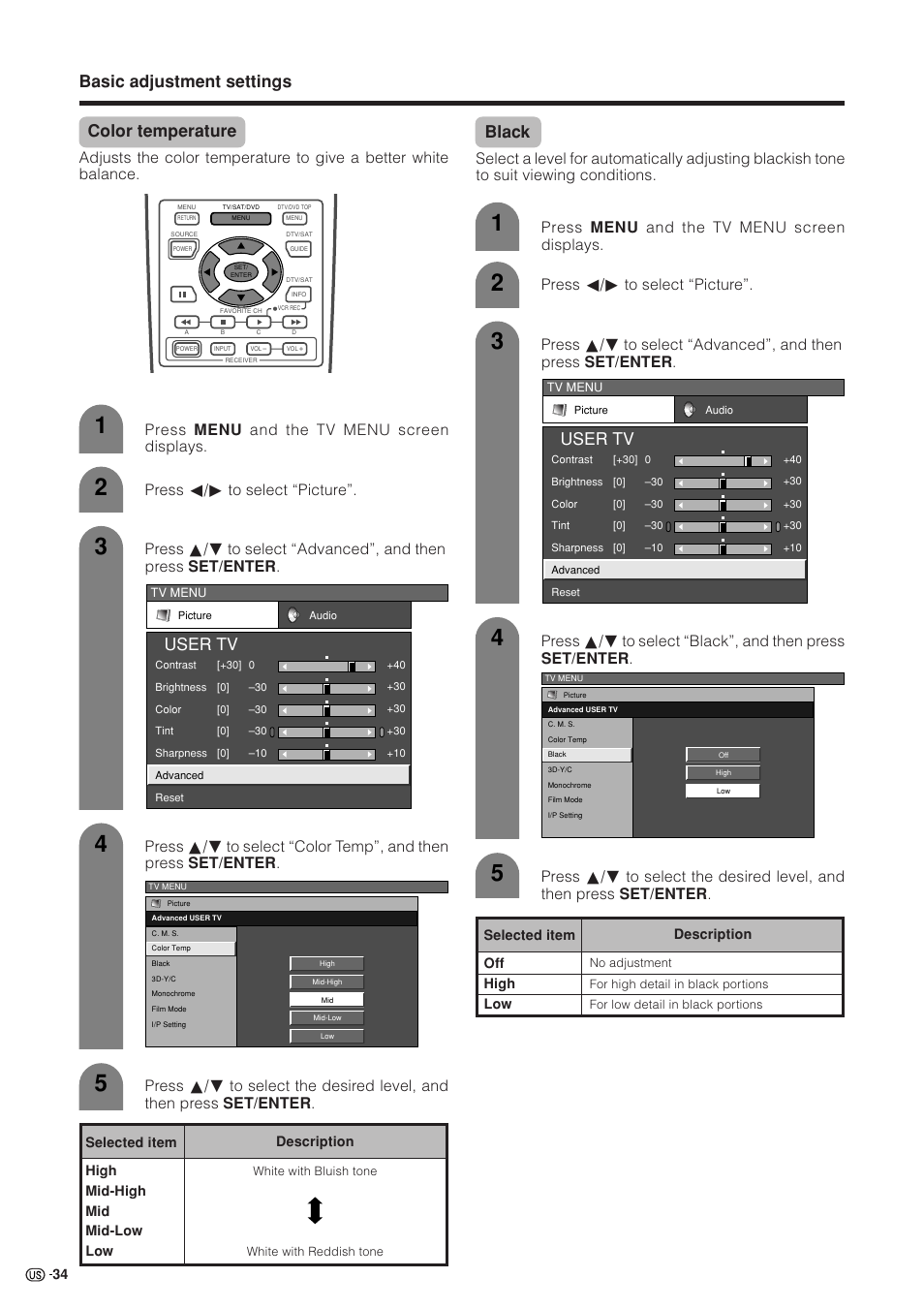 Basic adjustment settings color temperature, User tv, Black | Press menu and the tv menu screen displays, Press c/d to select “picture | Sharp Aquos LC 37HV4U User Manual | Page 35 / 87
