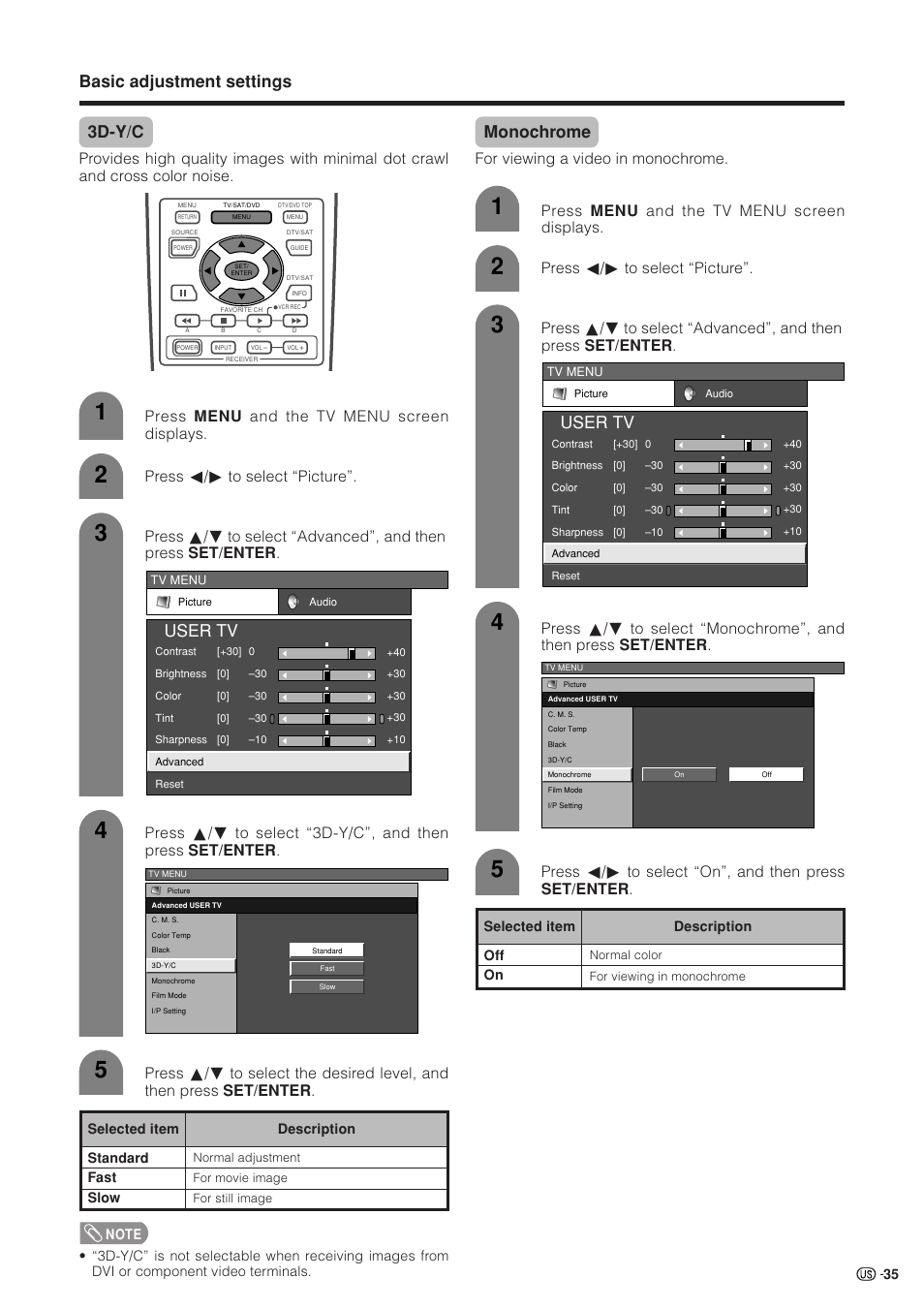 Basic adjustment settings 3d-y/c, User tv, Monochrome | Press c/d to select “picture, For viewing a video in monochrome, Press c/d to select “on”, and then press set/enter, Press menu and the tv menu screen displays | Sharp Aquos LC 37HV4U User Manual | Page 36 / 87