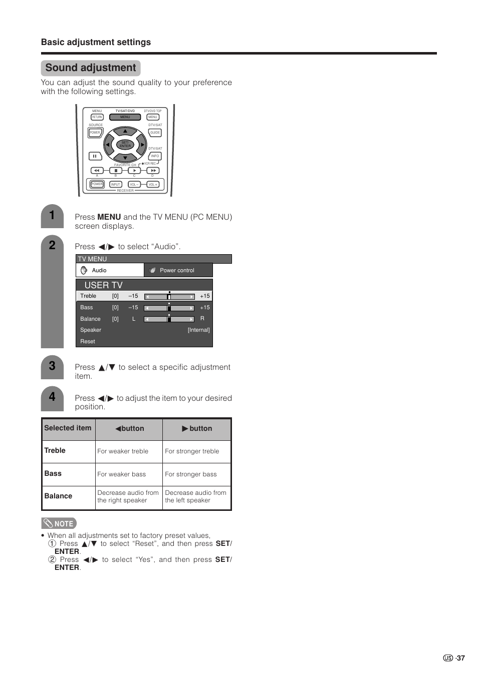 Sound adjustment, Basic adjustment settings, User tv | Sharp Aquos LC 37HV4U User Manual | Page 38 / 87