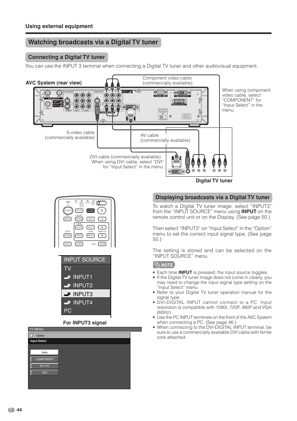 Watching broadcasts via a digital tv tuner, Using external equipment, Connecting a digital tv tuner | Displaying broadcasts via a digital tv tuner, Input source tv input1 input2 input3 input4 pc, Avc system (rear view) digital tv tuner, For input3 signal | Sharp Aquos LC 37HV4U User Manual | Page 45 / 87