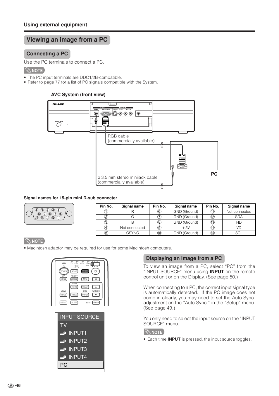 Viewing an image from a pc, Using external equipment, Connecting a pc | Displaying an image from a pc, Input source tv input1 input2 input3 input4 pc, Avc system (front view), Use the pc terminals to connect a pc | Sharp Aquos LC 37HV4U User Manual | Page 47 / 87