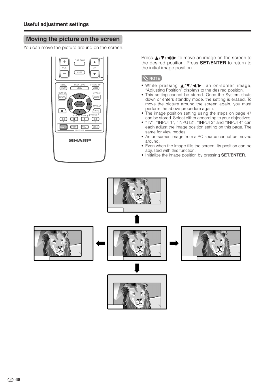 Moving the picture on the screen, Useful adjustment settings, You can move the picture around on the screen | Sharp Aquos LC 37HV4U User Manual | Page 49 / 87