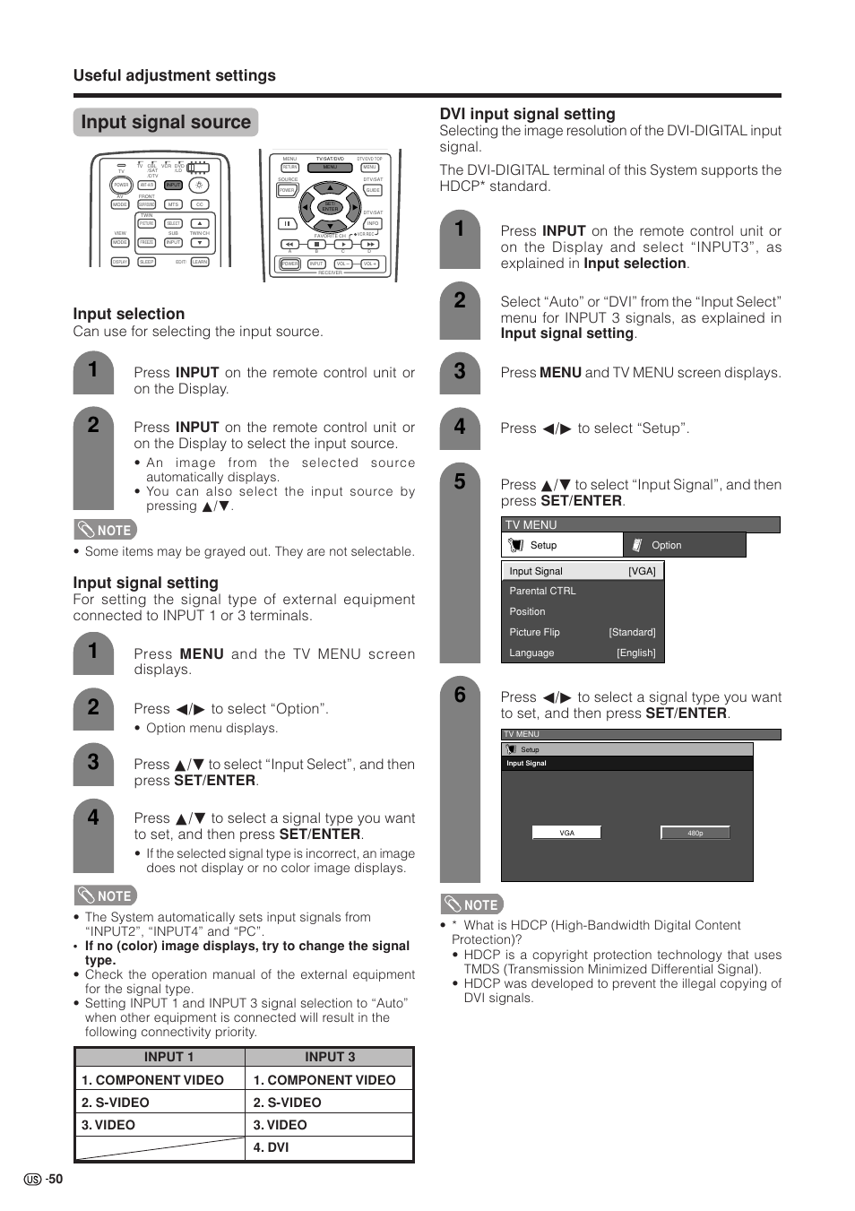 Input signal source, Useful adjustment settings, Input signal setting | Input selection, Dvi input signal setting, Press menu and the tv menu screen displays, Press c/d to select “option, Can use for selecting the input source, Press c/d to select “setup | Sharp Aquos LC 37HV4U User Manual | Page 51 / 87