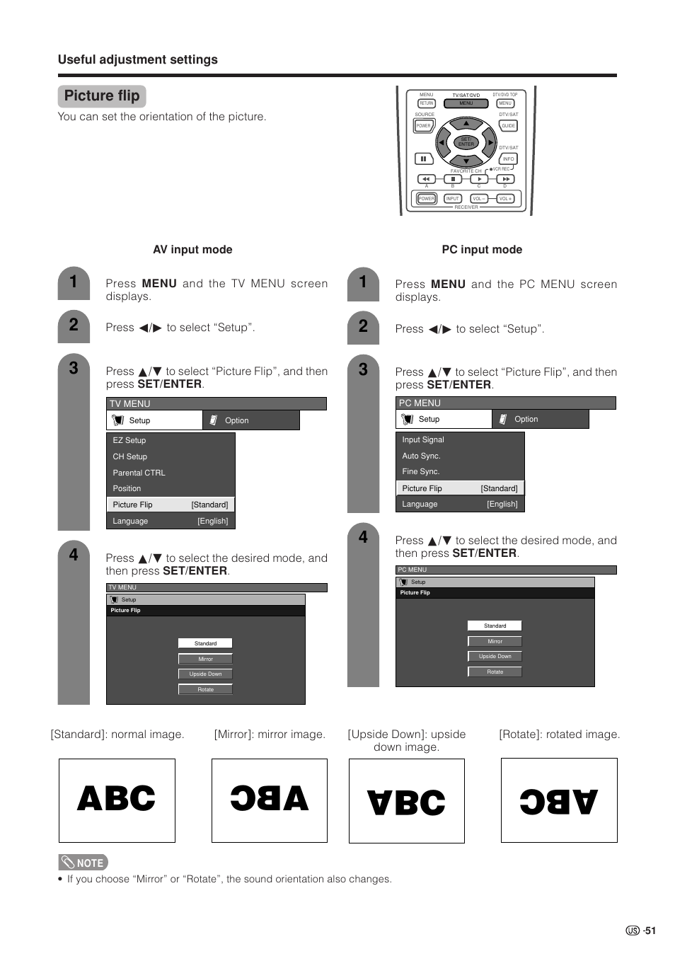 Picture flip, Useful adjustment settings | Sharp Aquos LC 37HV4U User Manual | Page 52 / 87