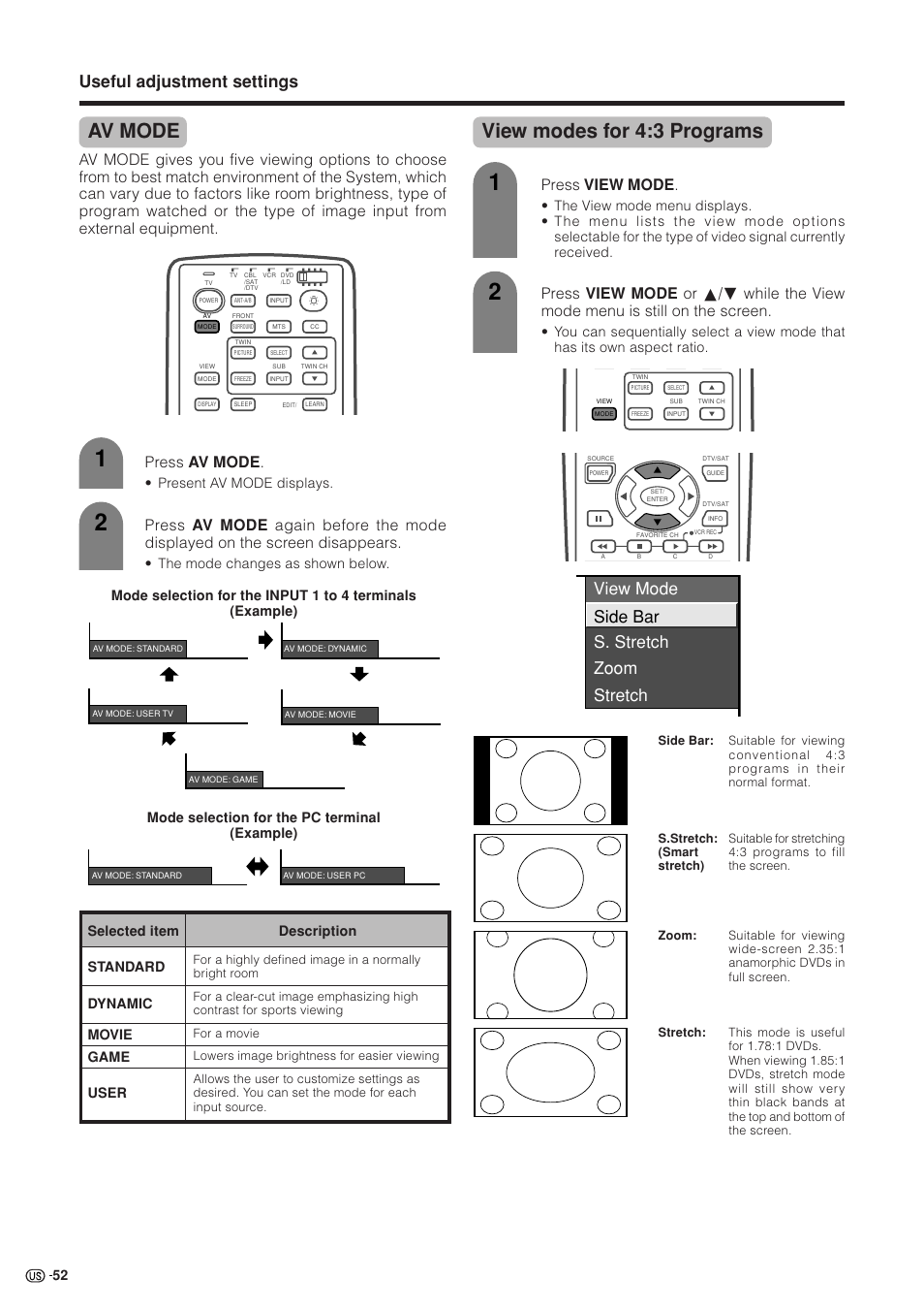 Av mode, View modes for 4:3 programs, Useful adjustment settings | View mode side bar s. stretch zoom stretch, Press av mode, Press view mode, Description, Selected item standard dynamic movie game user, Present av mode displays, The mode changes as shown below | Sharp Aquos LC 37HV4U User Manual | Page 53 / 87