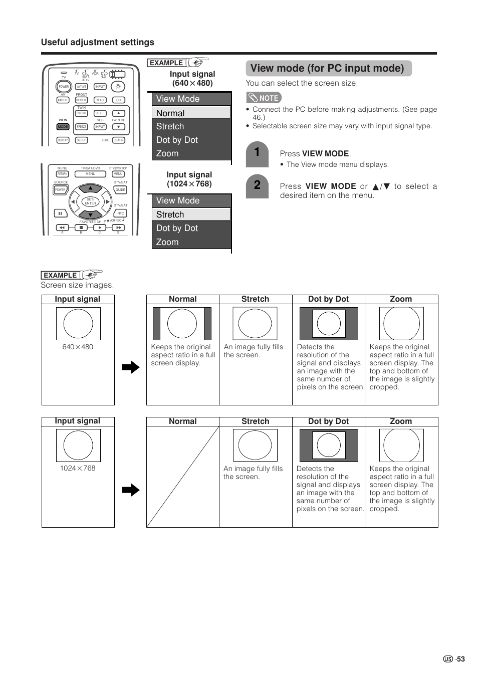 View mode (for pc input mode), Useful adjustment settings, You can select the screen size | Screen size images, Press view mode | Sharp Aquos LC 37HV4U User Manual | Page 54 / 87