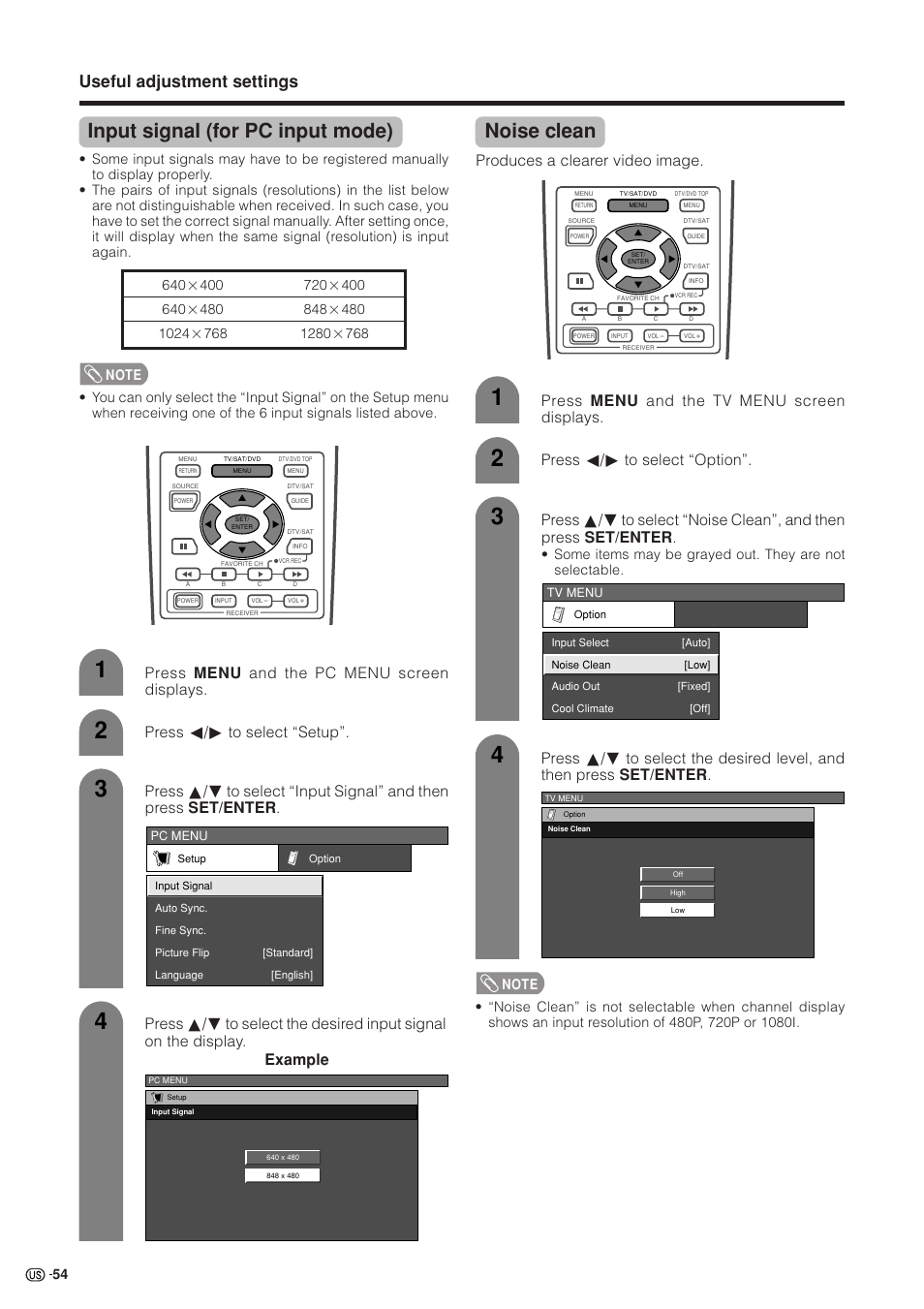 Input signal (for pc input mode), Noise clean, Useful adjustment settings | Press menu and the pc menu screen displays, Press c/d to select “setup, Example, Produces a clearer video image | Sharp Aquos LC 37HV4U User Manual | Page 55 / 87