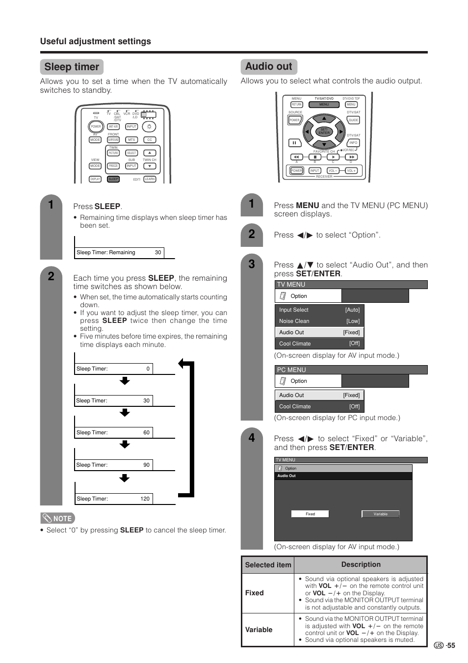 Sleep timer, Audio out, Useful adjustment settings | Press sleep, Press c/d to select “option, Description, Selected item fixed variable, On-screen display for av input mode.) | Sharp Aquos LC 37HV4U User Manual | Page 56 / 87