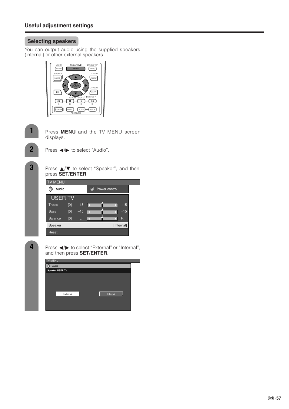 Selecting speakers, User tv, Useful adjustment settings | Sharp Aquos LC 37HV4U User Manual | Page 58 / 87