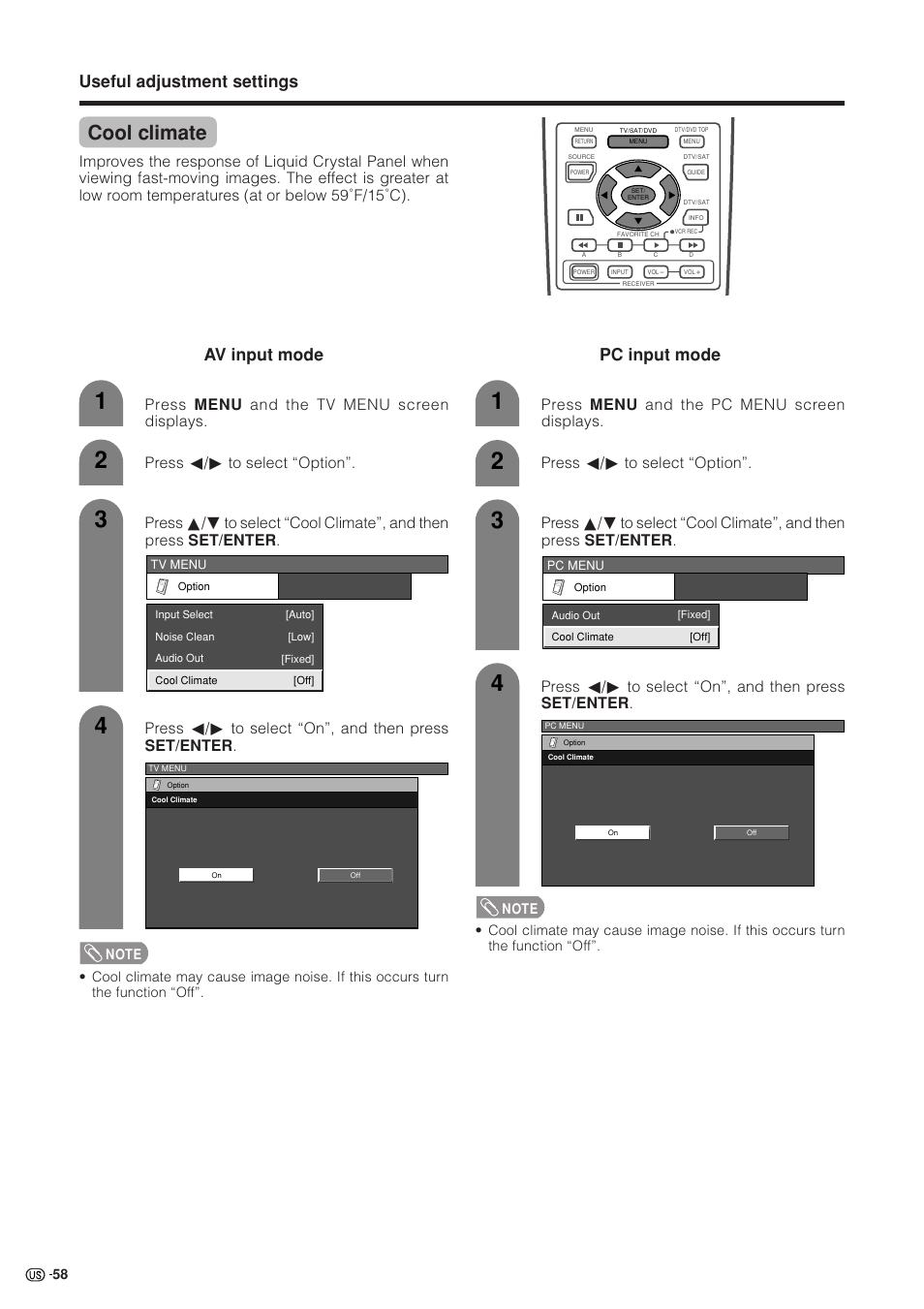 Cool climate, Useful adjustment settings, Av input mode | Pc input mode, Press c/d to select “on”, and then press set/enter | Sharp Aquos LC 37HV4U User Manual | Page 59 / 87