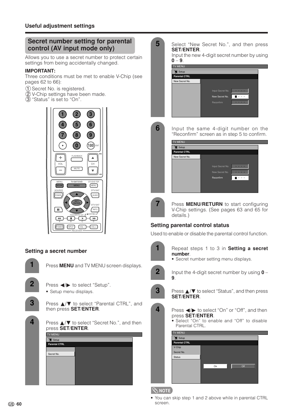 Useful adjustment settings, Setting parental control status, Setting a secret number | Press c/d to select “setup, Repeat steps 1 to 3 in setting a secret number, Input the 4-digit secret number by using 0 – 9 | Sharp Aquos LC 37HV4U User Manual | Page 61 / 87