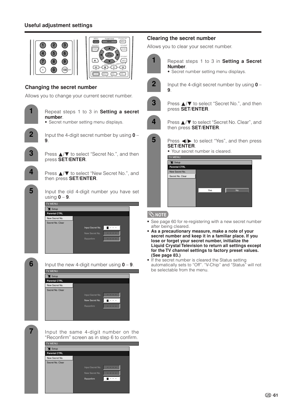 Useful adjustment settings, Changing the secret number, Clearing the secret number | Input the 4-digit secret number by using 0 – 9, Secret number setting menu displays, Your secret number is cleared | Sharp Aquos LC 37HV4U User Manual | Page 62 / 87