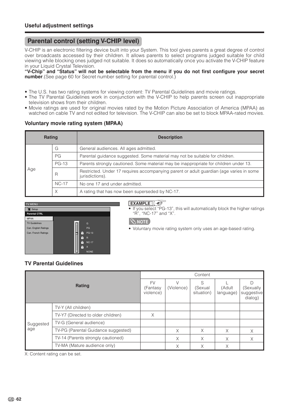 Parental control (setting v-chip level), Useful adjustment settings, Voluntary movie rating system (mpaa) | Tv parental guidelines | Sharp Aquos LC 37HV4U User Manual | Page 63 / 87