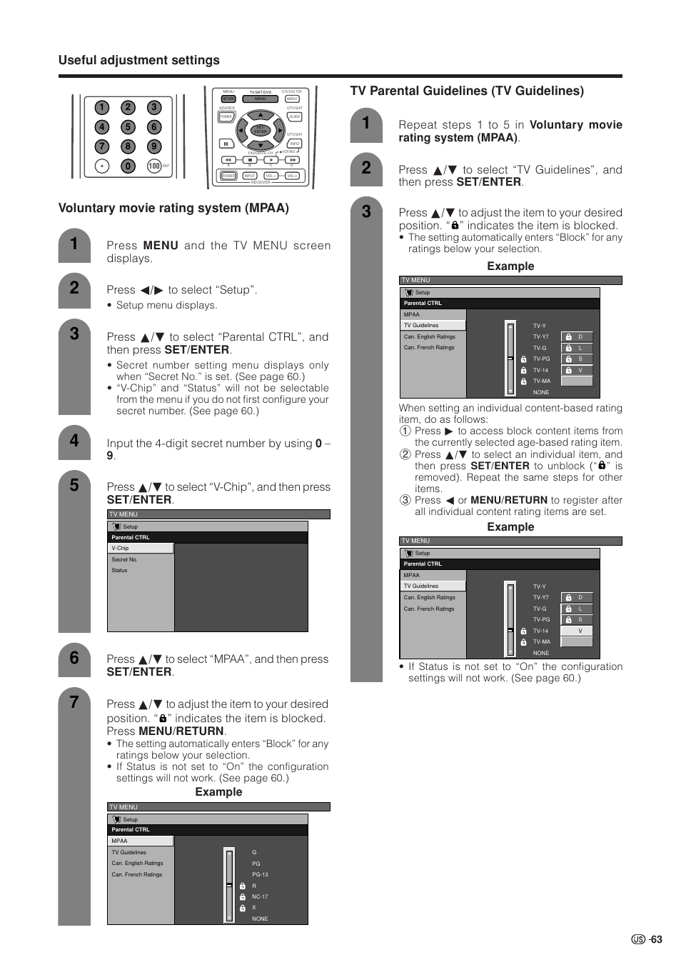 Tv parental guidelines (tv guidelines), Press menu and the tv menu screen displays, Press c/d to select “setup | Input the 4-digit secret number by using 0 – 9, Example, Setup menu displays | Sharp Aquos LC 37HV4U User Manual | Page 64 / 87