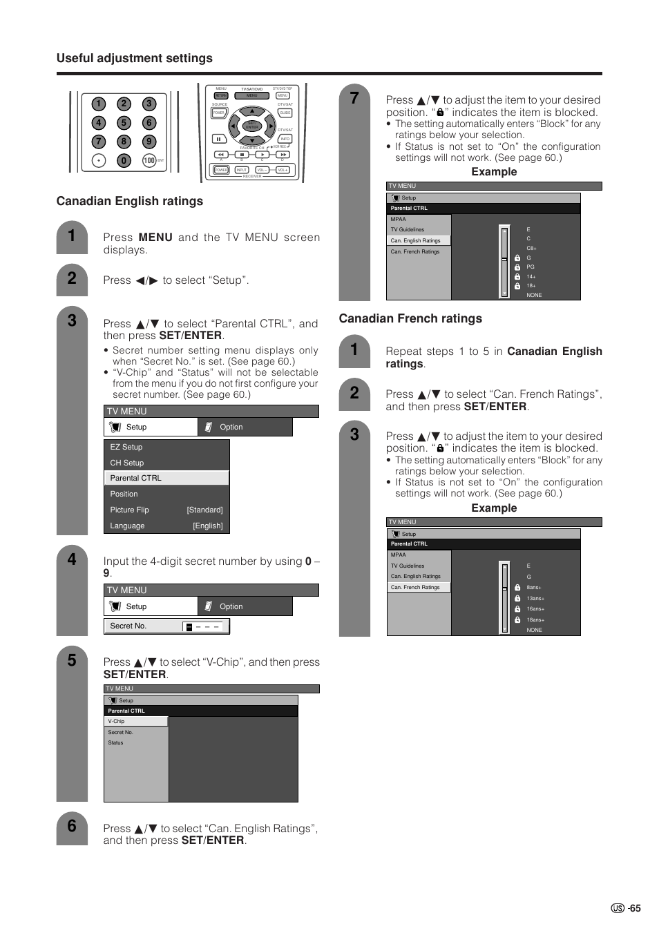 Canadian french ratings, Repeat steps 1 to 5 in canadian english ratings, Press menu and the tv menu screen displays | Example | Sharp Aquos LC 37HV4U User Manual | Page 66 / 87