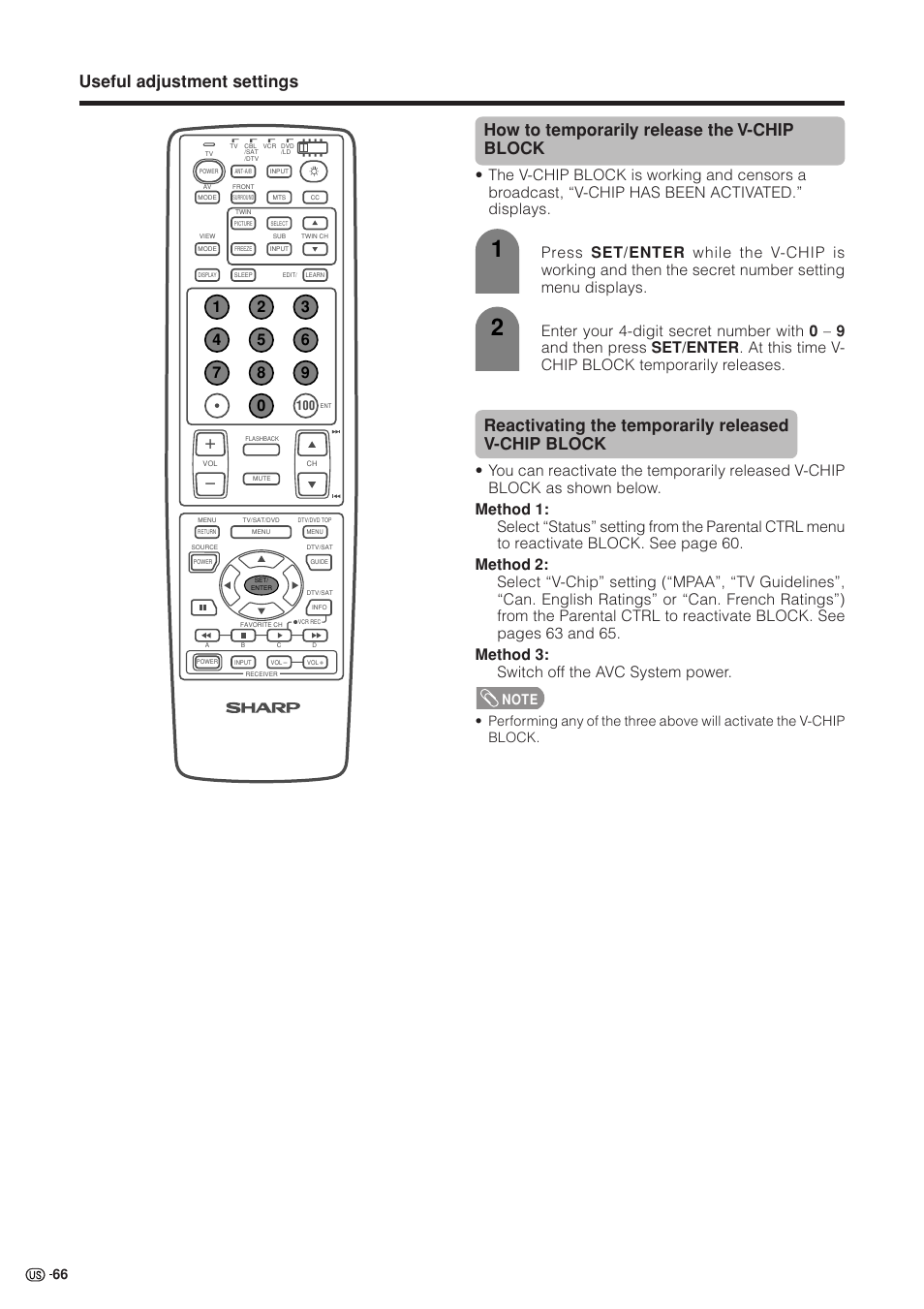 Reactivating the temporarily released v-chip block | Sharp Aquos LC 37HV4U User Manual | Page 67 / 87