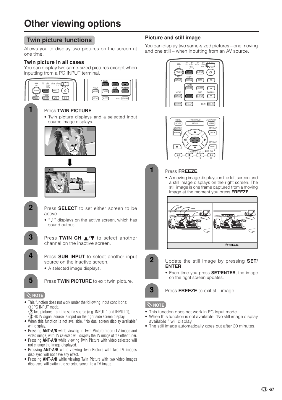 Other viewing options, Twin picture functions, Twin picture in all cases | Picture and still image, Press select to set either screen to be active, Press twin picture to exit twin picture, Update the still image by pressing set/ enter, Press freeze to exit still image, A selected image displays | Sharp Aquos LC 37HV4U User Manual | Page 68 / 87