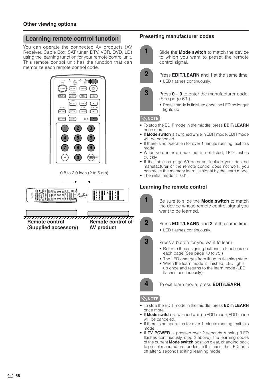 Learning remote control function, Other viewing options, Presetting manufacturer codes | Learning the remote control | Sharp Aquos LC 37HV4U User Manual | Page 69 / 87