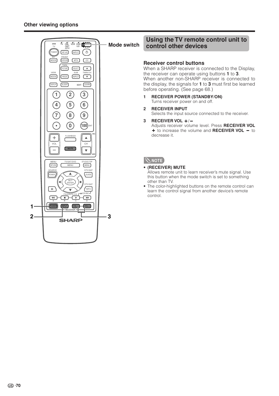Other viewing options, Mode switch, Receiver control buttons | Sharp Aquos LC 37HV4U User Manual | Page 71 / 87