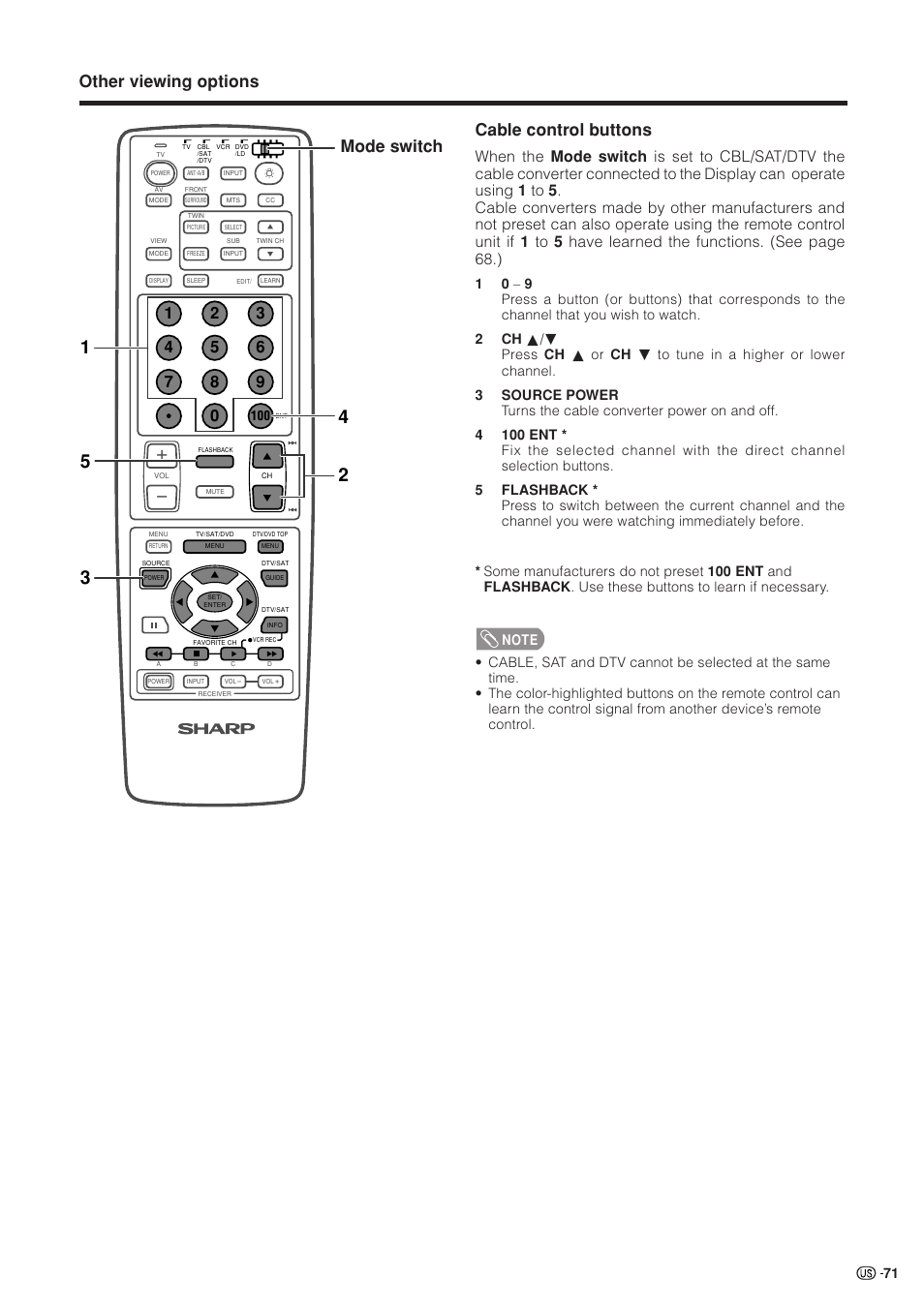 Other viewing options cable control buttons, Mode switch | Sharp Aquos LC 37HV4U User Manual | Page 72 / 87