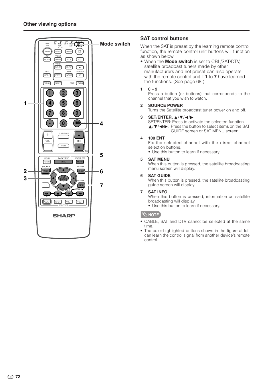 Other viewing options sat control buttons, Mode switch | Sharp Aquos LC 37HV4U User Manual | Page 73 / 87