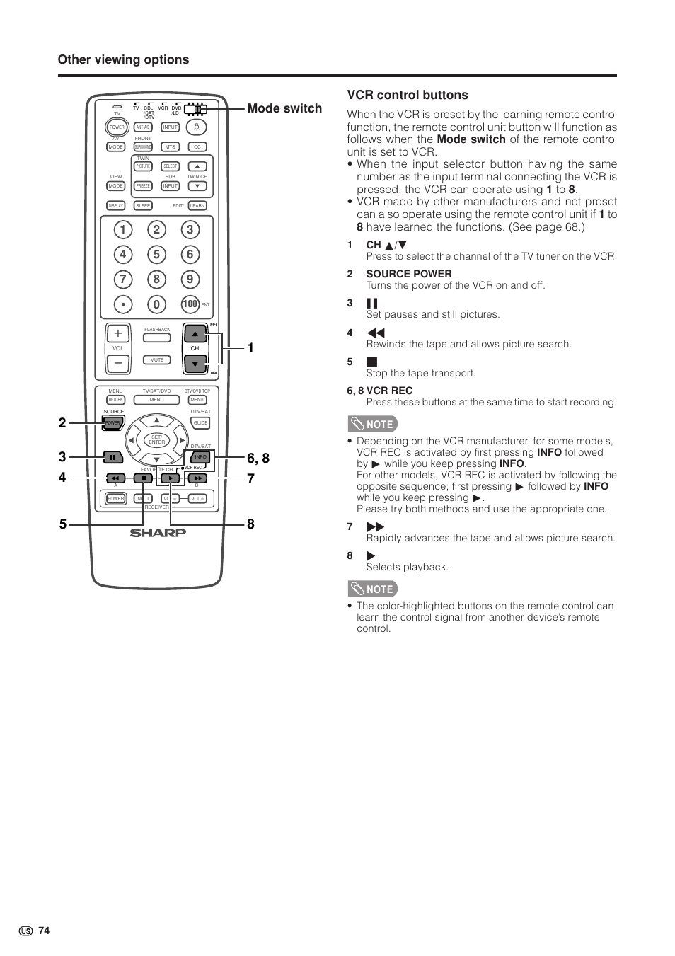 Other viewing options vcr control buttons, Mode switch | Sharp Aquos LC 37HV4U User Manual | Page 75 / 87