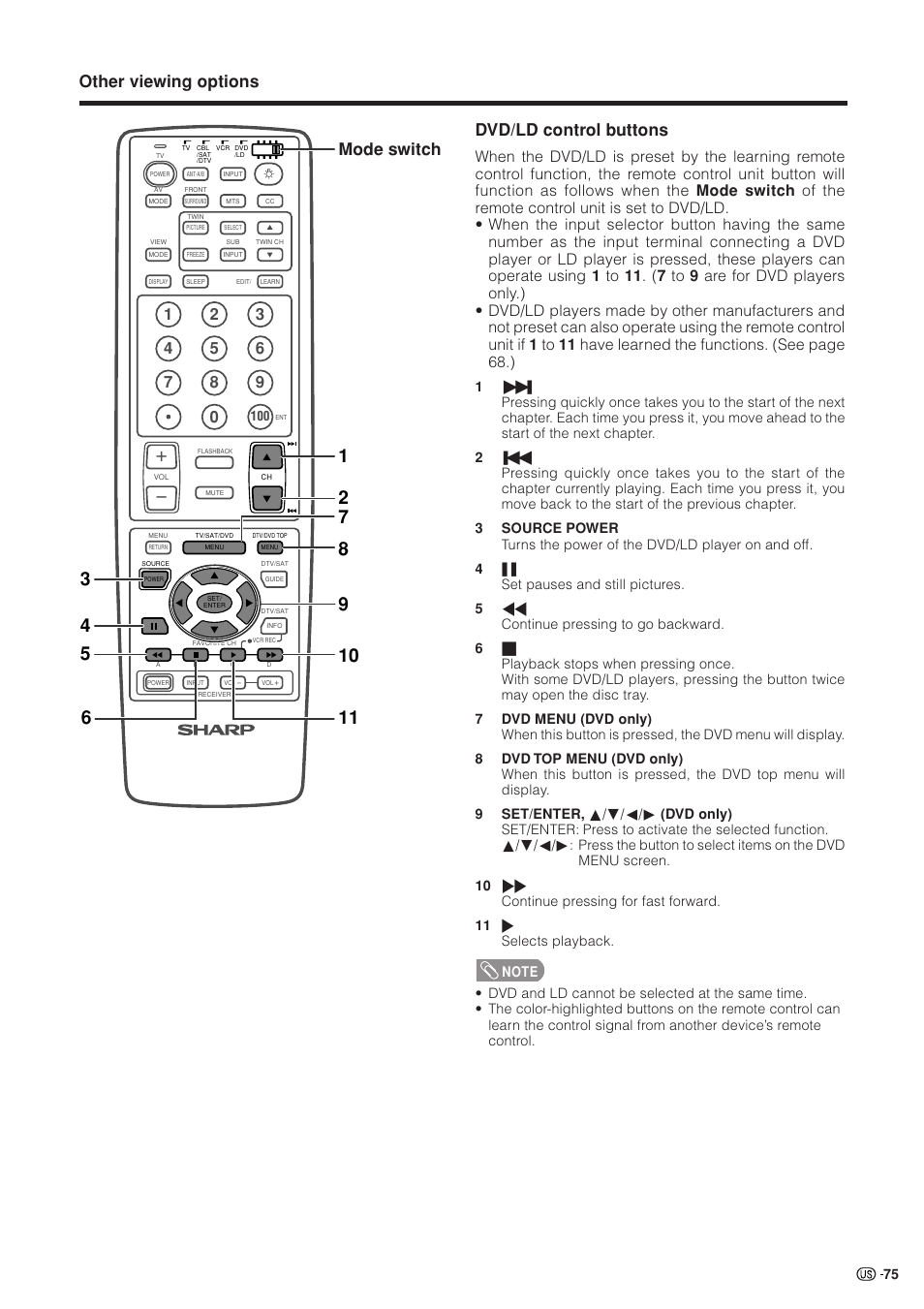 Other viewing options dvd/ld control buttons, Mode switch | Sharp Aquos LC 37HV4U User Manual | Page 76 / 87