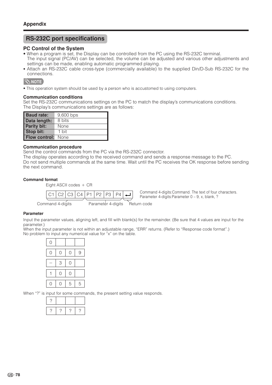 Rs-232c port specifications | Sharp Aquos LC 37HV4U User Manual | Page 79 / 87