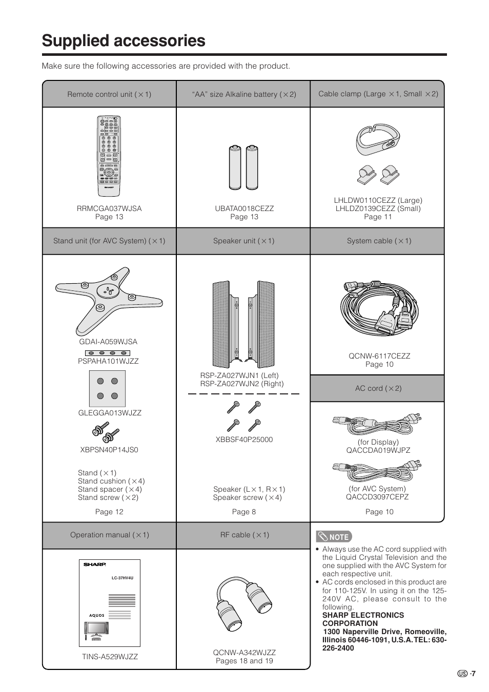 Supplied accessories | Sharp Aquos LC 37HV4U User Manual | Page 8 / 87