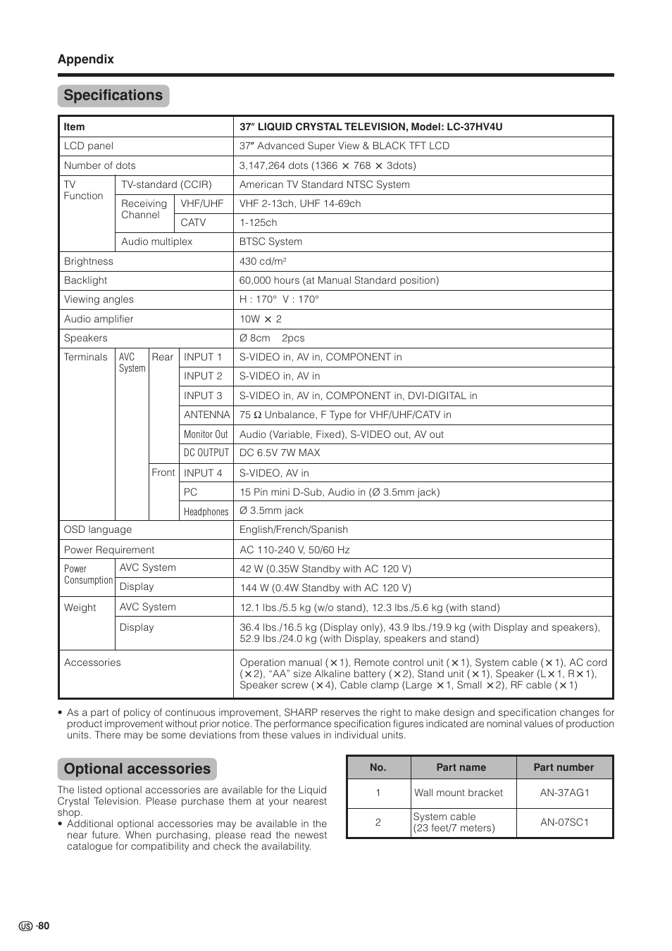 Specifications, Optional accessories | Sharp Aquos LC 37HV4U User Manual | Page 81 / 87